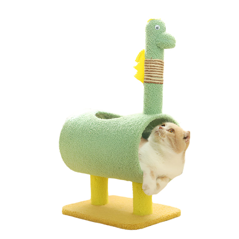 Green Dinosaur-Theme Cat Tree with Tunnel – Fun and Cozy for Cats