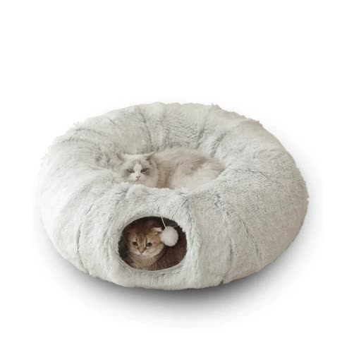 Grey Luxury Plush Cat Bed with Hidden Tunnel – Cozy Cat Beds for Rest and Play