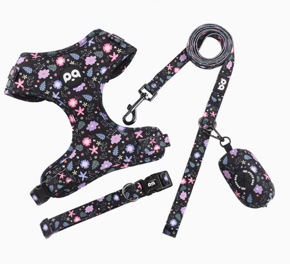 S Crushed Black Adjustable Soft Pet Harness with Leash